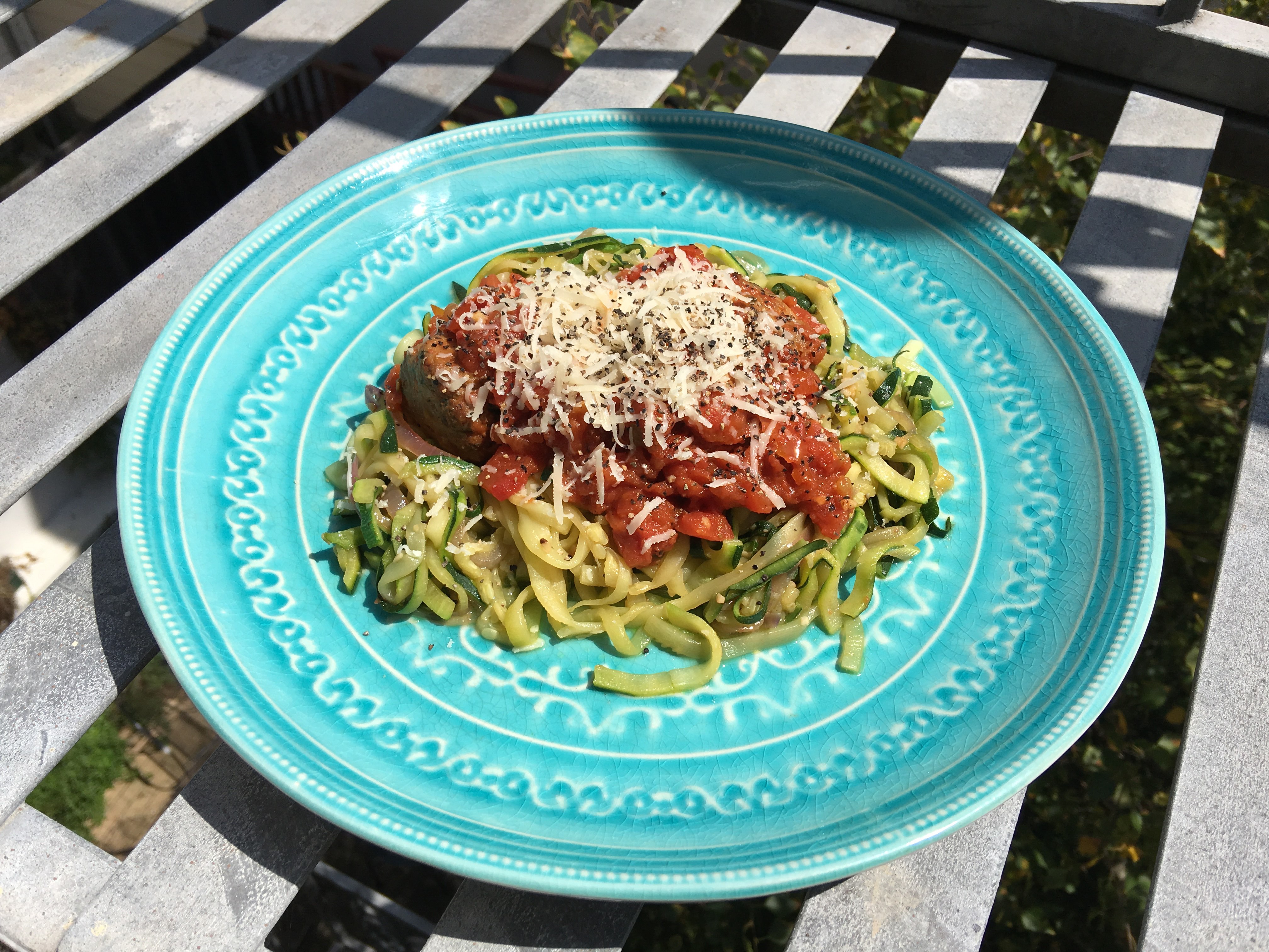 low-carb spaghetti (zoodles) and meatballs