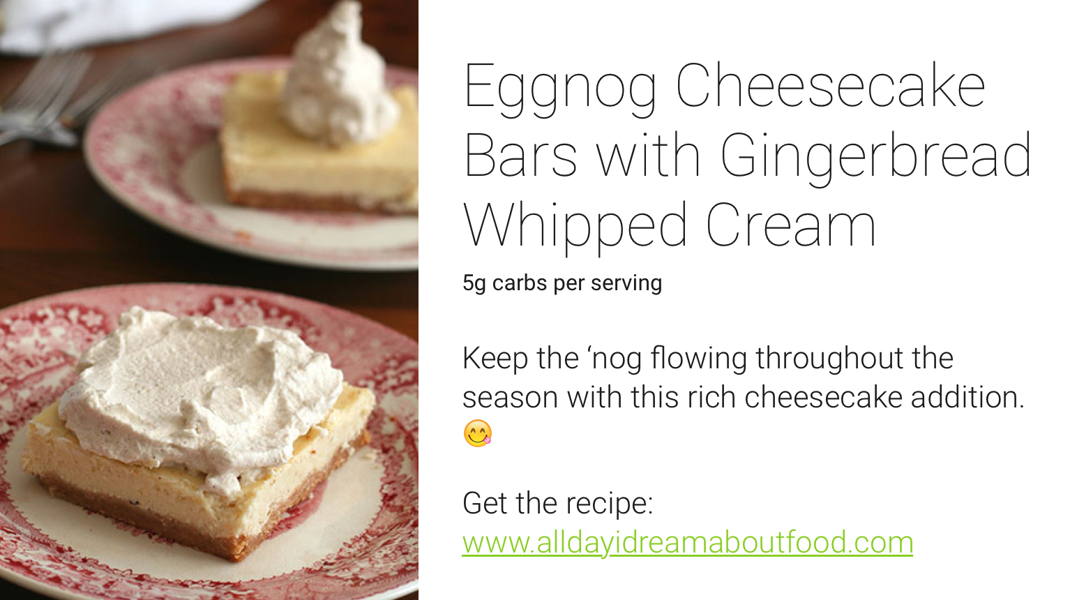 one drop holiday recipes - eggnong cheesecake bars